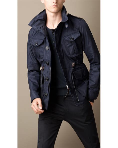 Burberry Resinated Canvas Alligator Trim Field Jacket in Blue.